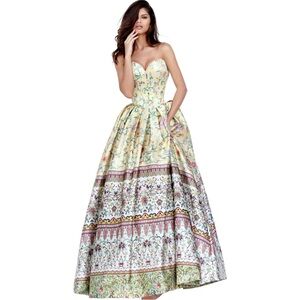 Sherri Hill Strapless Sweetheart Corset Print Ballgown